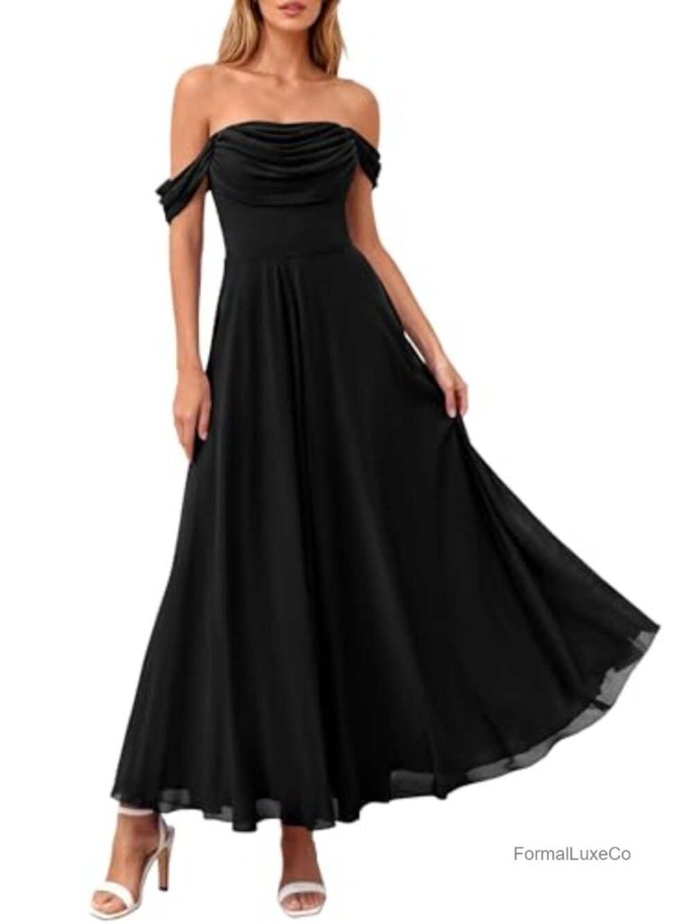 Off Shoulder Mesh Party Maxi Dress, Ruched Aline Prom Gown, Sleeveless Backless